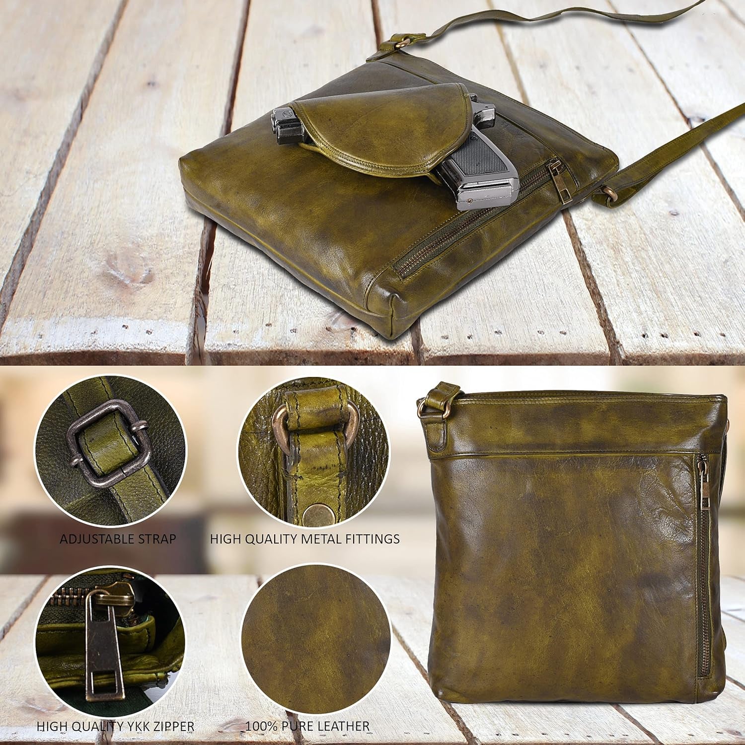 Multi Pockets Handmade Leather Crossbody Handbags & Sling Bag for Men & Women with Detachable Holster