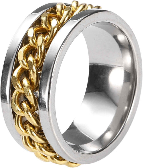 Adults Fidget Ring 0.6" (16Mm) Dia. Titanium Steel Chain Rotatable Rings, Metal Band Rings Perfect for Men & Women (Silver Gold)