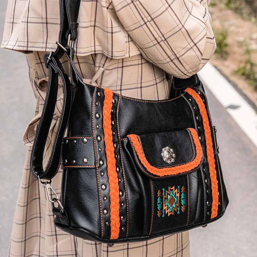 Concealed Carry Embroidered Aztec Stitch Concho Studs Hobo Shoulder Bag Handbag for Women Handbag Female Purse