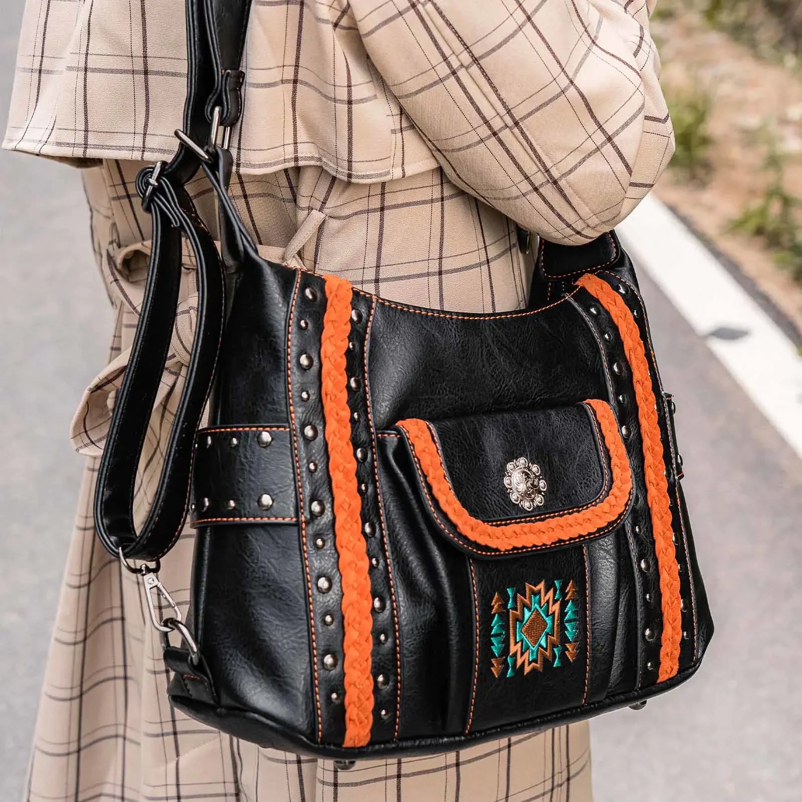 Concealed Carry Embroidered Aztec Stitch Concho Studs Hobo Shoulder Bag Handbag for Women Handbag Female Purse