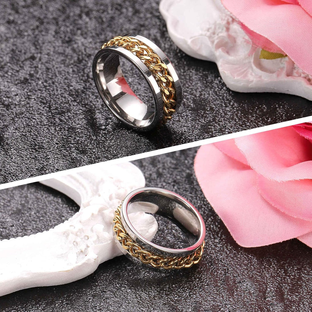 Adults Fidget Ring 0.6" (16Mm) Dia. Titanium Steel Chain Rotatable Rings, Metal Band Rings Perfect for Men & Women (Silver Gold)