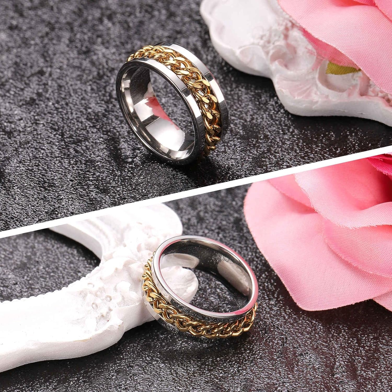 Adults Fidget Ring 0.6" (16Mm) Dia. Titanium Steel Chain Rotatable Rings, Metal Band Rings Perfect for Men & Women (Silver Gold)