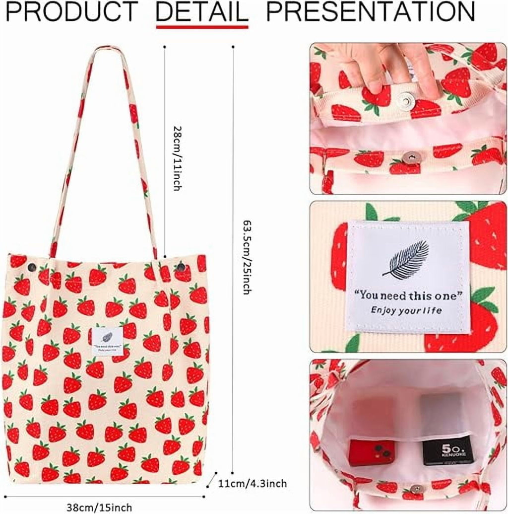 Stylish Strawberry Corduroy Tote Bag for Women - Versatile Shopper with Inner Pockets