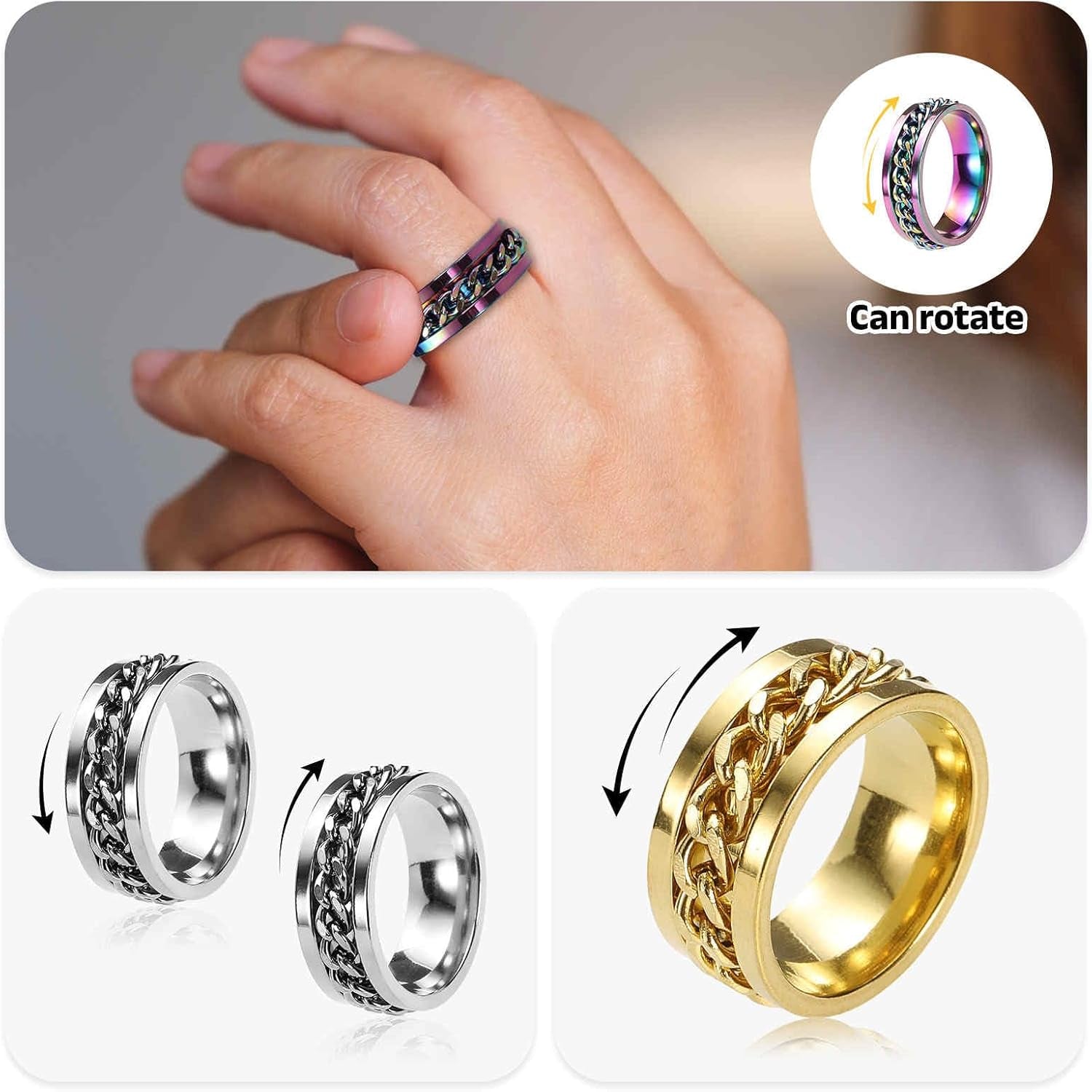 Adults Fidget Ring 0.6" (16Mm) Dia. Titanium Steel Chain Rotatable Rings, Metal Band Rings Perfect for Men & Women (Silver Gold)