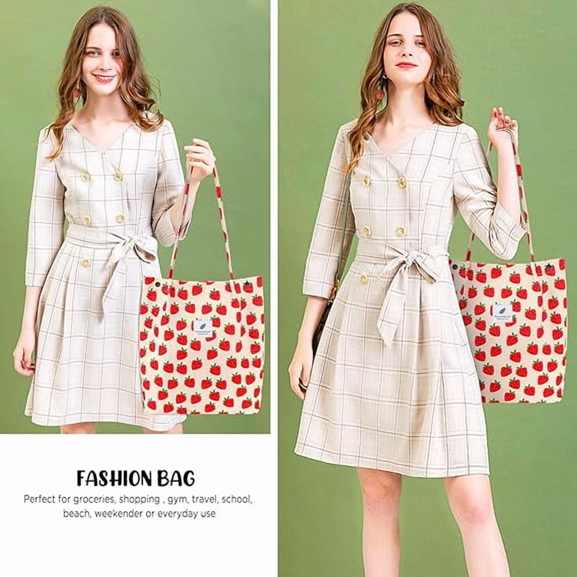 Stylish Strawberry Corduroy Tote Bag for Women - Versatile Shopper with Inner Pockets