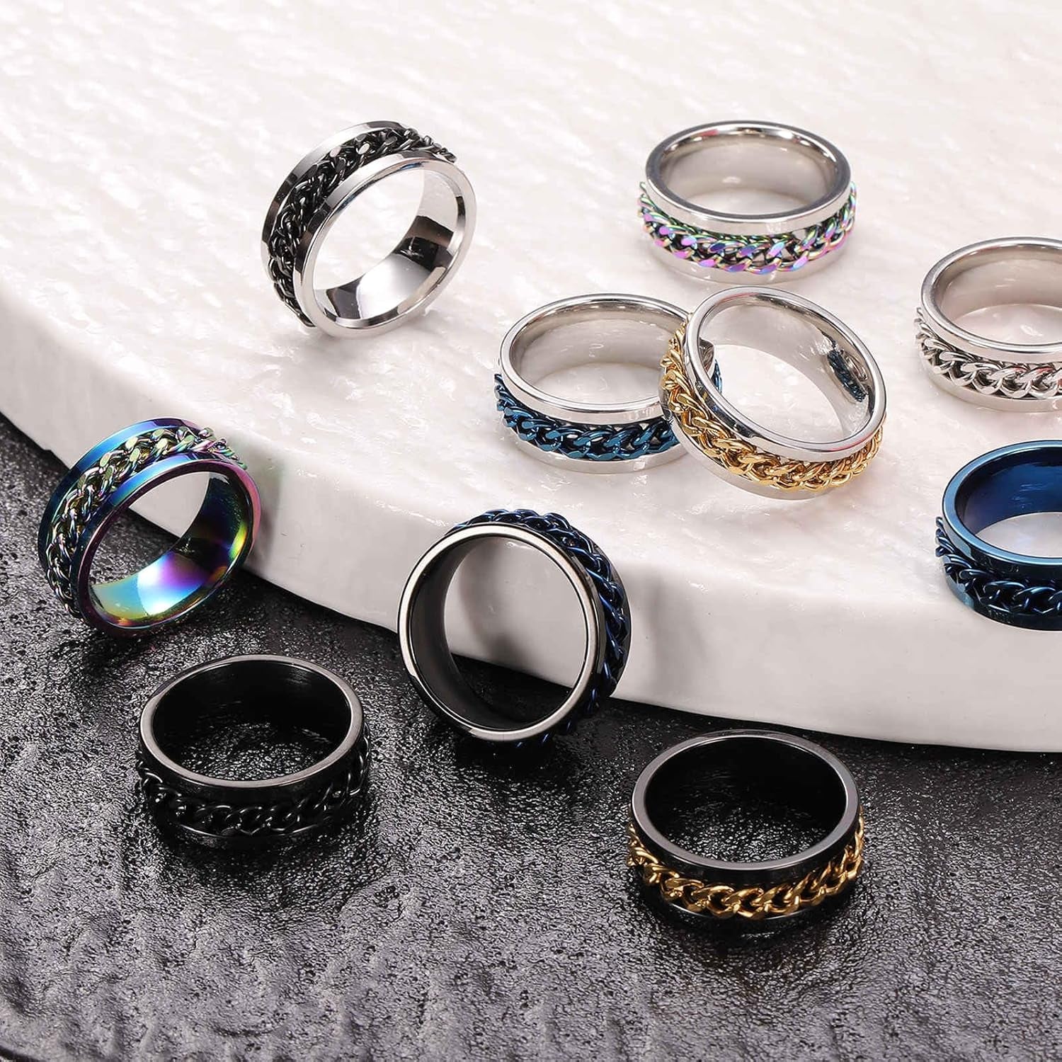Adults Fidget Ring 0.6" (16Mm) Dia. Titanium Steel Chain Rotatable Rings, Metal Band Rings Perfect for Men & Women (Silver Gold)