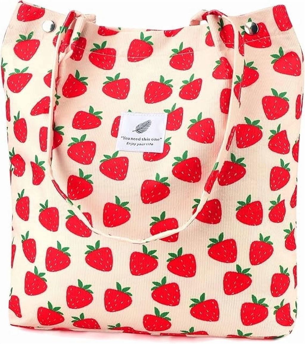 Stylish Strawberry Corduroy Tote Bag for Women - Versatile Shopper with Inner Pockets