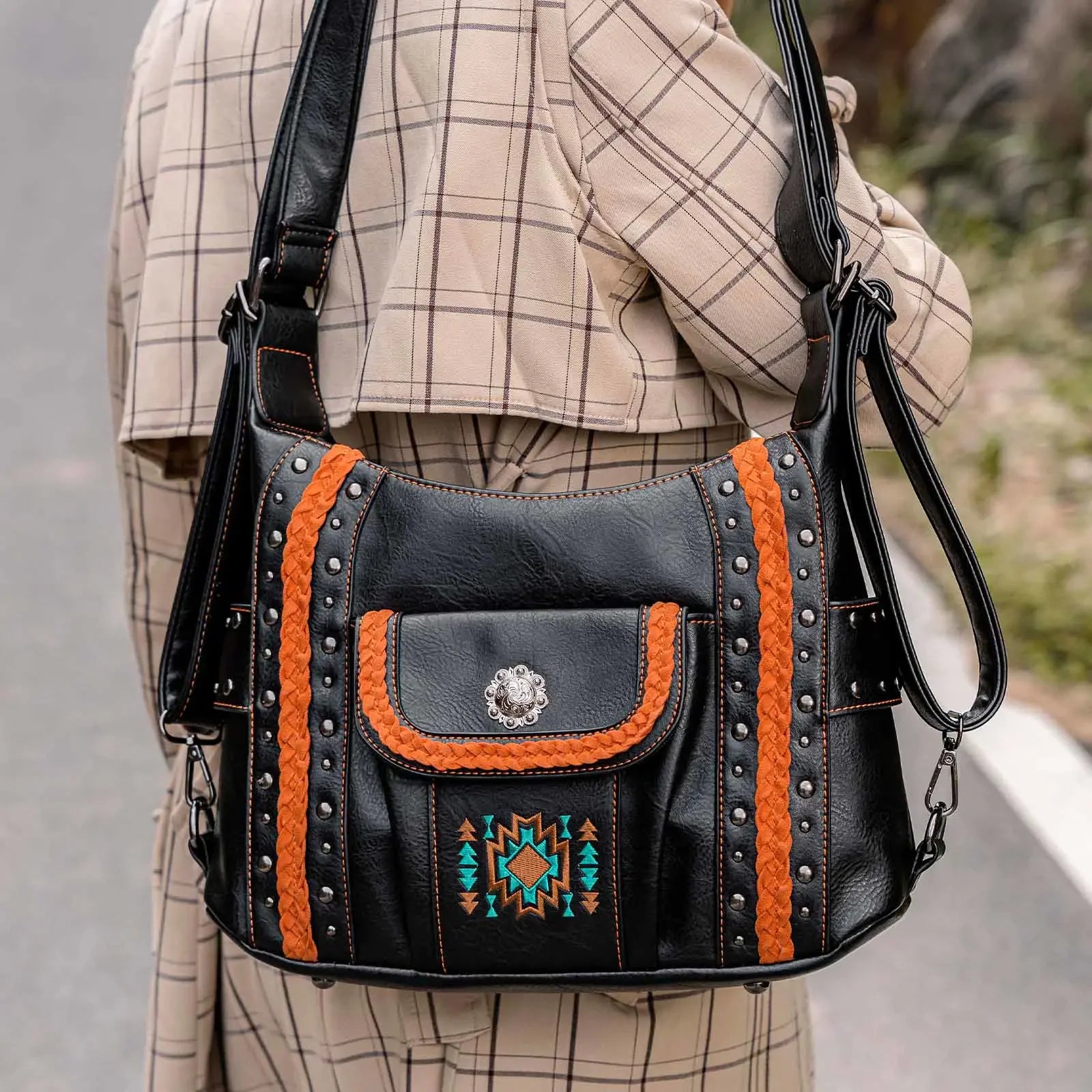 Concealed Carry Embroidered Aztec Stitch Concho Studs Hobo Shoulder Bag Handbag for Women Handbag Female Purse