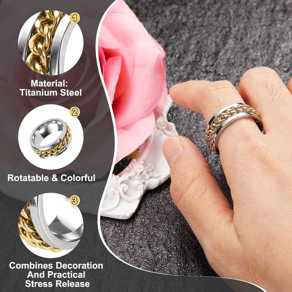Adults Fidget Ring 0.6" (16Mm) Dia. Titanium Steel Chain Rotatable Rings, Metal Band Rings Perfect for Men & Women (Silver Gold)