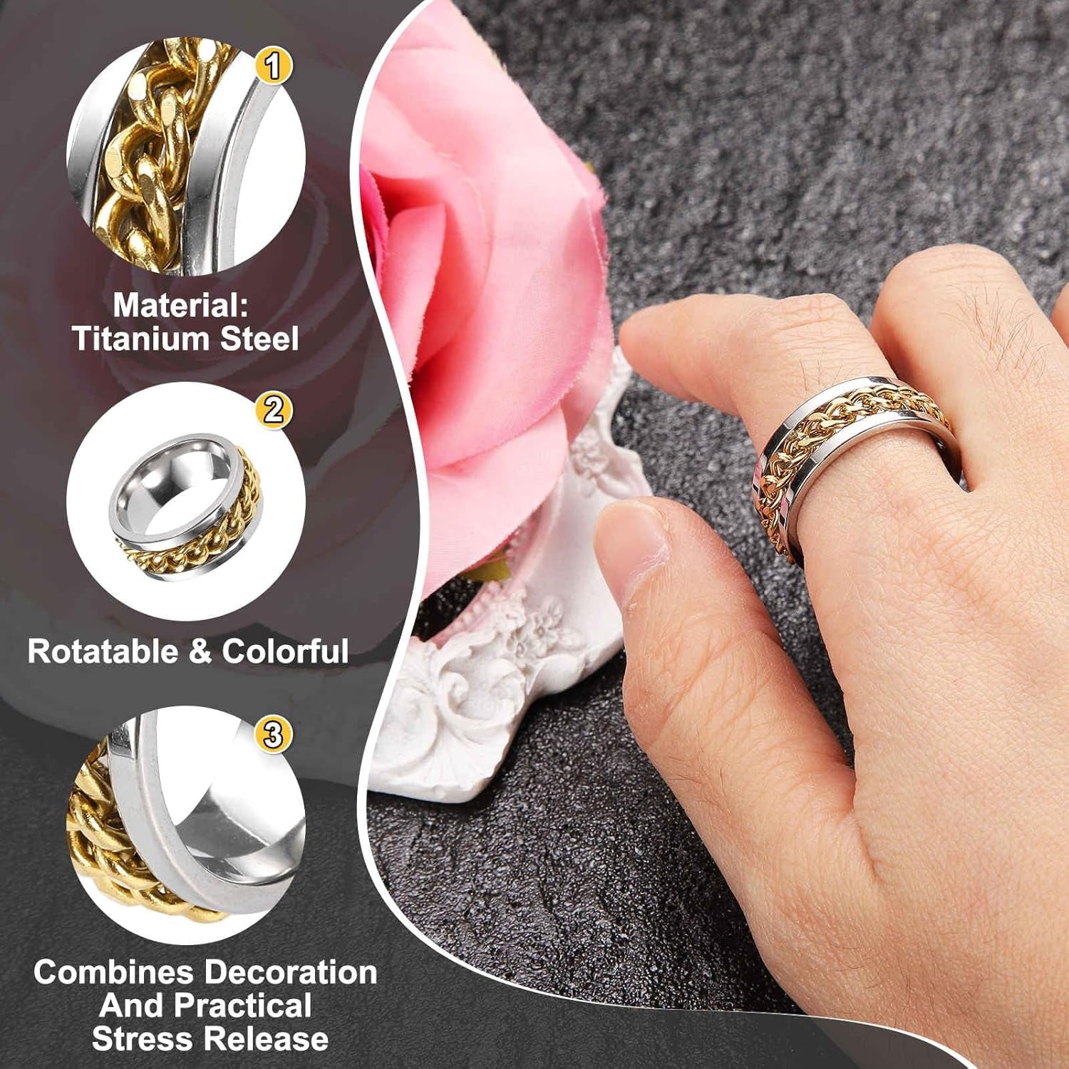 Adults Fidget Ring 0.6" (16Mm) Dia. Titanium Steel Chain Rotatable Rings, Metal Band Rings Perfect for Men & Women (Silver Gold)