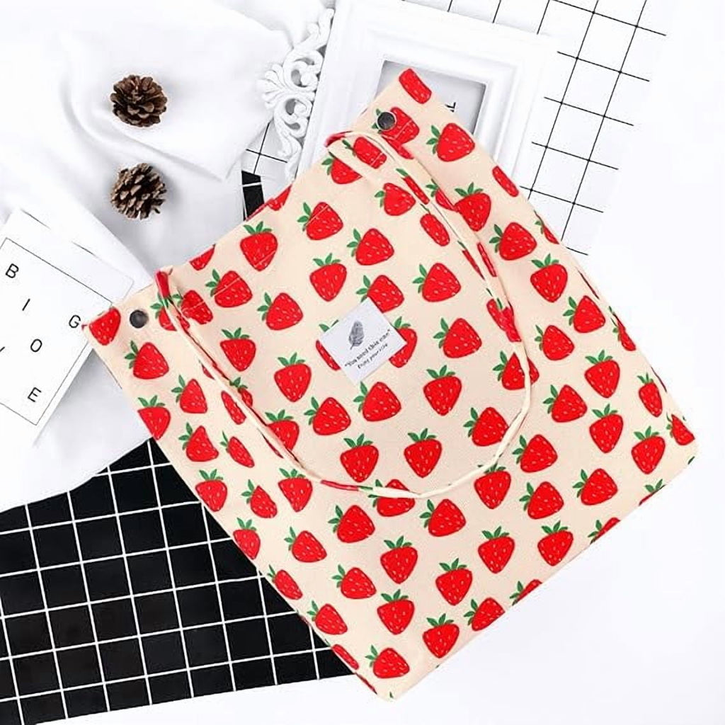 Stylish Strawberry Corduroy Tote Bag for Women - Versatile Shopper with Inner Pockets