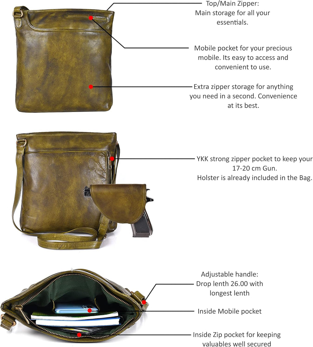 Multi Pockets Handmade Leather Crossbody Handbags & Sling Bag for Men & Women with Detachable Holster
