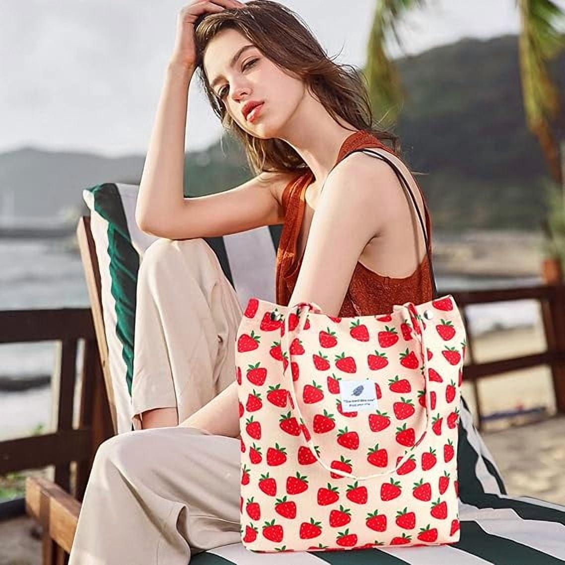 Stylish Strawberry Corduroy Tote Bag for Women - Versatile Shopper with Inner Pockets